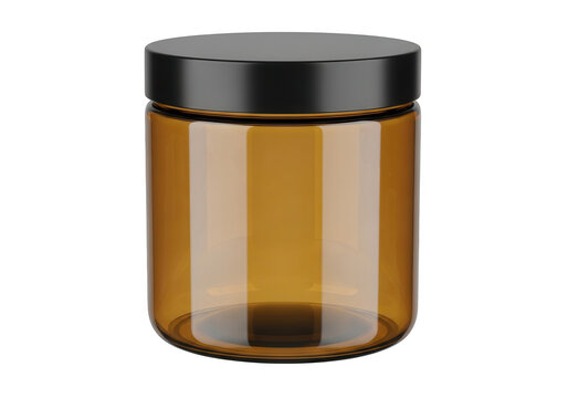 Empty amber glass cosmetic jar with black lid isolated on transparent background for premium product packaging