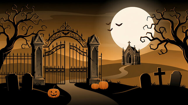 Spooky halloween graveyard scene with ornate gates and a full moon backdrop