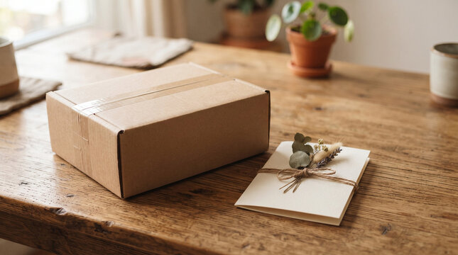 Kraft Cardboard Parcel and Handmade Greeting Card on Wooden Table