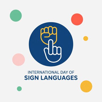 International day of sign languages featuring a blue circle with hand gesture and dots deaf