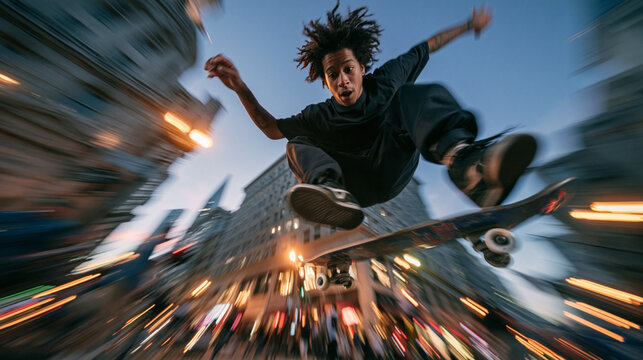 Skateboarder Performing Dynamic Jump Trick in Urban Street