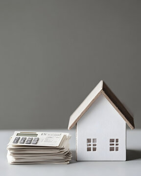 White wooden house model beside calculator and stack of bills symbolizing utility costs and home expenses