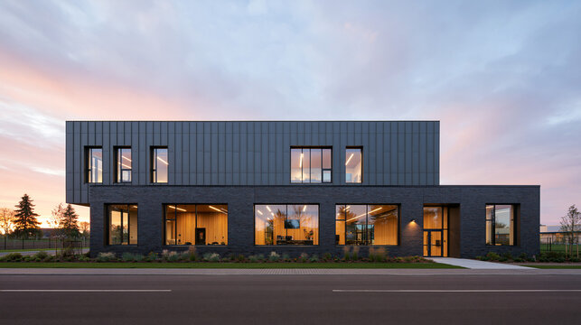 Modern Commercial Office Building Exterior at Sunset