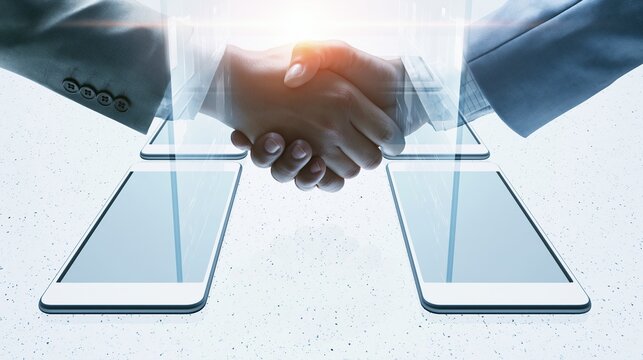 Digital handshake over smartphone screens representing future business collaboration, virtual networking, and mobile technology deals