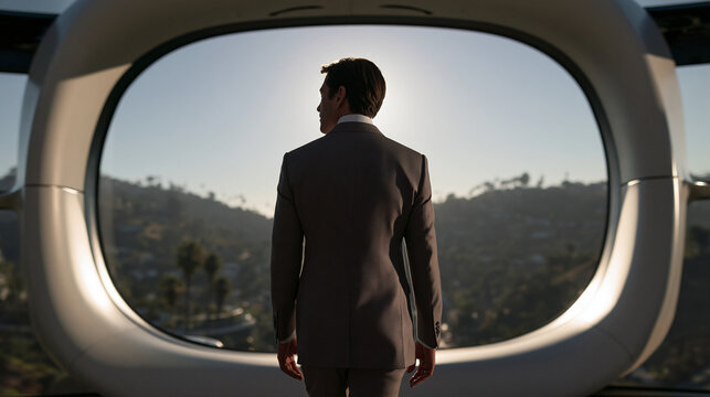 Businessman in Suit Looking Out Oval Window at Landscape