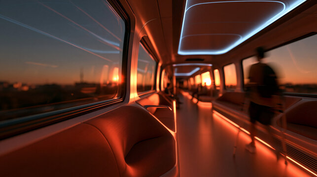 Futuristic Public Transit Train Interior at Sunset