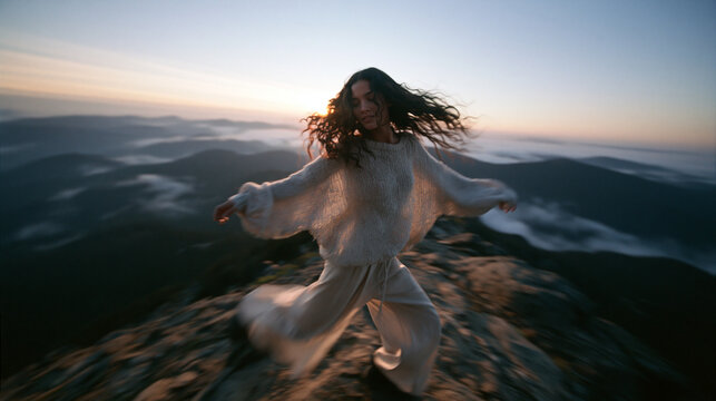 Carefree Woman Dancing on Mountain Peak at Sunrise
