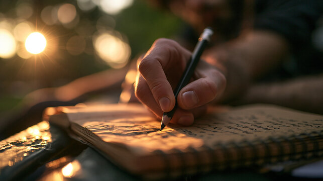 Close-Up of Hand Writing in Notebook at Sunset