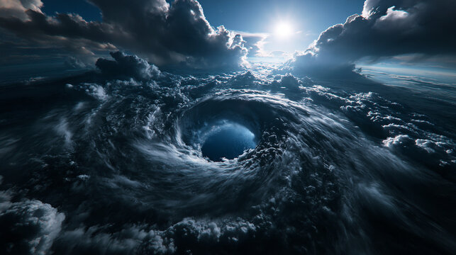 Massive Hurricane Eye View From Space With Bright Sunlight