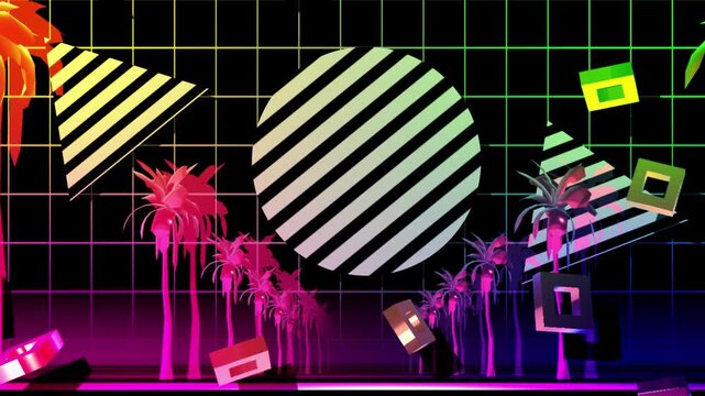 Tropical neon palm landscape with retro grid and colorful geometric forms.