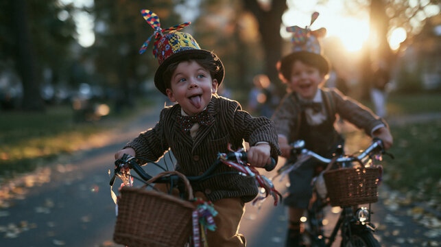 Playful Boys Riding Vintage Bicycles in Autumn Park