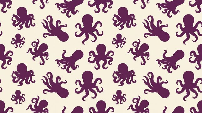 Vintage octopus seamless pattern with purple sea creatures on cream background. Nautical octopus wallpaper for textile design. Retro marine octopus print for wrapping paper and coastal decor.