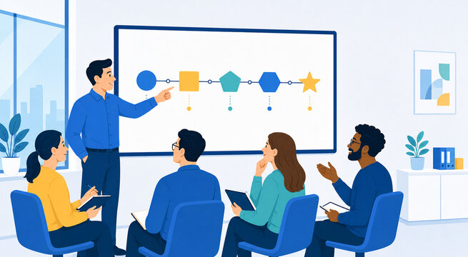 Manager explaining product roadmap milestones to business team