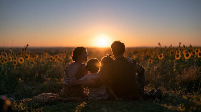 Family Sitting Together in Sunflower Field Watching Sunset