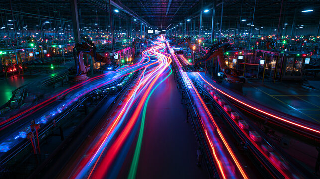 Automated Smart Factory Conveyor Belt with Light Trails