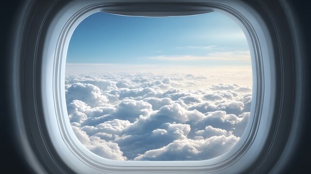 View from airplane window above clouds during flight.