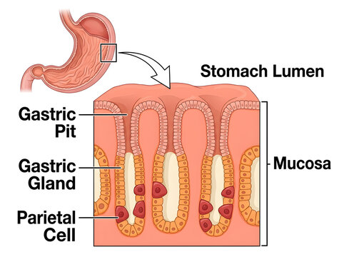Human stomach mucosa with gastric glands and pits diagram isolated on white background
