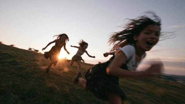 Group of Happy Young Friends Running Outdoors at Sunset
