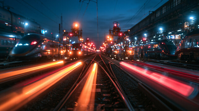 Trains and Light Trails on Railway Tracks at Night