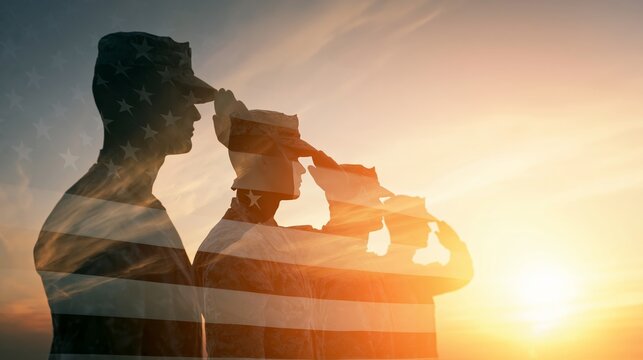 Saluting soldiers with a superimposed American flag against a warm sunset, representing honor, service, and sacrifice