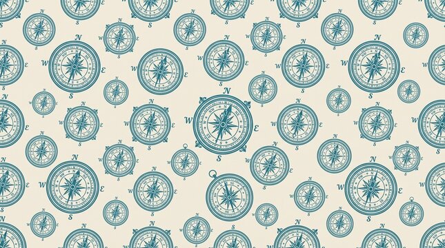 Vintage nautical compass seamless pattern, antique maritime navigation map background, retro teal wind rose wallpaper for travel branding, classic marine direction tool texture for textile print.