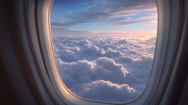 Stunning aerial view of fluffy clouds from an airplane window at sunset.