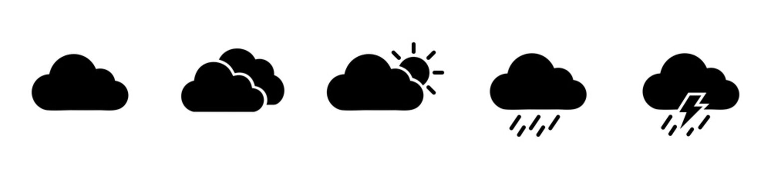 Weather cloud icon set with cloudy, rain and thunderstorm symbols. Weather condition solid black icons for apps, websites and forecast graphics