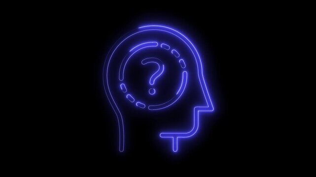 Human head with question mark neon glowing on a black background animation