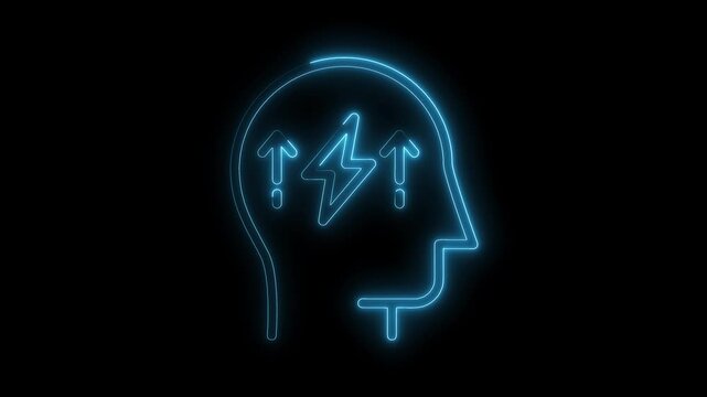Neon head silhouette with lightning bolt and arrows on black background concept of brainstorming and innovation