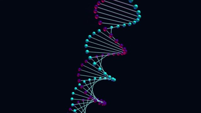 Rotating 3D DNA double helix structure with cyan and magenta glowing spheres, science motion graphics loop