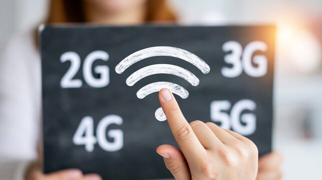 Hand touching wireless internet symbol on chalkboard with 2G, 3G, 4G, 5G networks, representing global connectivity and technology evolution