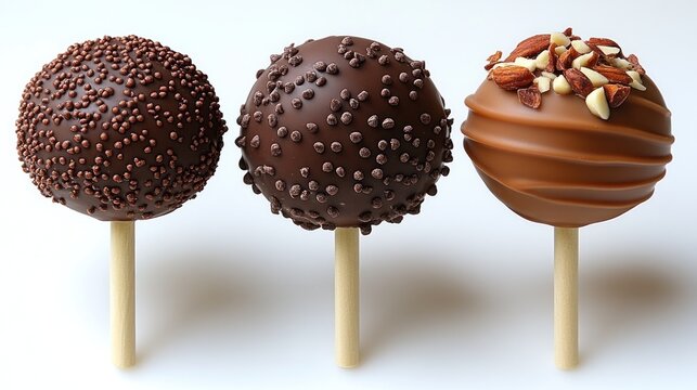 Three chocolate cake pops, decorated with sprinkles and nuts