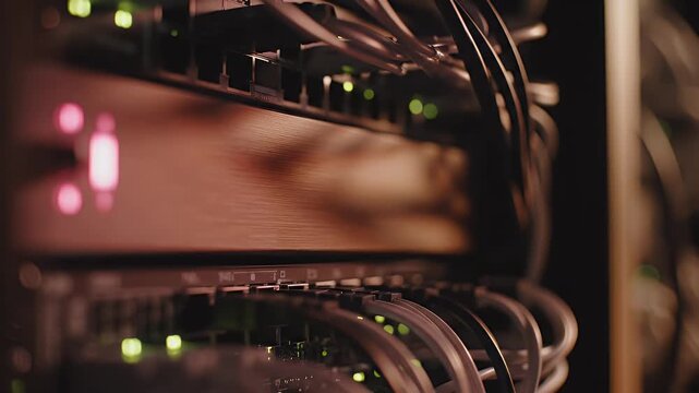Close-up of a server rack with blinking lights and many cables, representing data center and network infrastructure