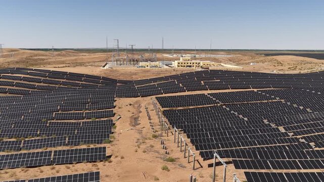 Aerial View of Utility-Scale Battery Energy Storage System and Substation in Arid Northwest China Desert