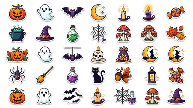 A diverse assortment of colorful Halloween stickers featuring magical items and spooky characters.