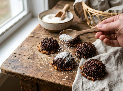 Homemade chocolate coconut macaroons with shredded coconut topping on rustic wood
