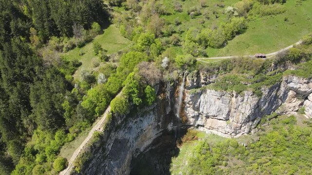 Aerial view of Skaklya Waterfall near village of Zasele, Balkan Mountains, Bulgaria
