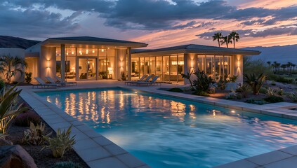Fototapeta premium Contemporary architectural villa with illuminated infinity pool architecture tropical exterior