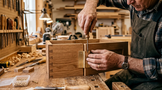 Carpenter using a hand screwdriver to install a brass hinge onto a wooden box joint