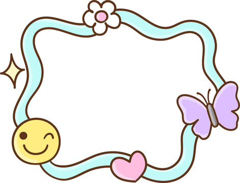 Cute Cartoon Doodle Frame With Smiley Face and Butterfly Pastel Y2K Frame For Classroom Decoration