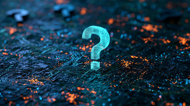 A glowing digital question mark hologram stands on a dark circuit board surface. Represents technical uncertainty or.