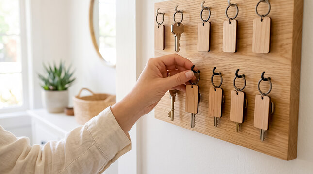 Hand hanging wooden fob house key onto brass hook on wall mounted wooden key holder rack in home entrance hallway