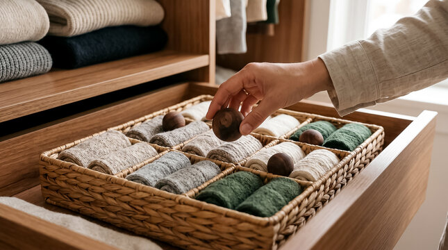 Hand placing wooden cedar moth ball into woven storage organizer basket filled with rolled socks in wooden closet