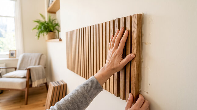 Hands mounting decorative wooden slat acoustic wall panel onto room wall during modern interior redesign project