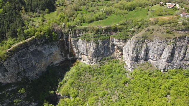Aerial view of Skaklya Waterfall near village of Zasele, Balkan Mountains, Bulgaria
