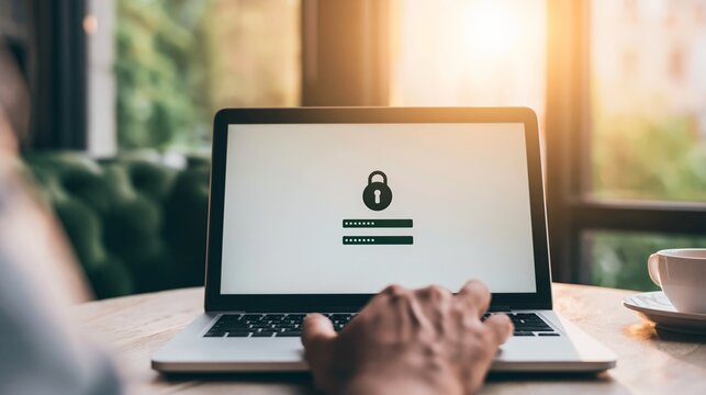 Person typing on laptop displaying login security screen, protecting personal data and online privacy in cafe workspace