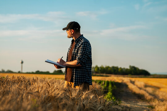 Middle aged male farmer standing in a field and writing notes on a paper clipboard