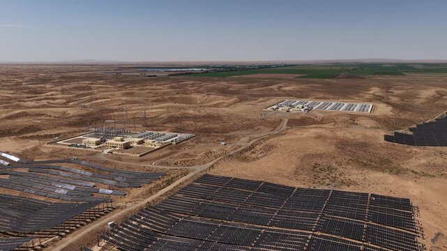 Aerial View of Utility-Scale Battery Energy Storage System and Substation in Arid Northwest China Desert