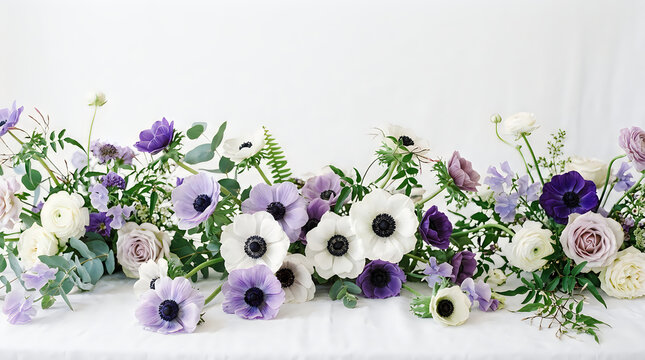 Elegant floral arrangement with anemones roses and eucalyptus on white backdrop