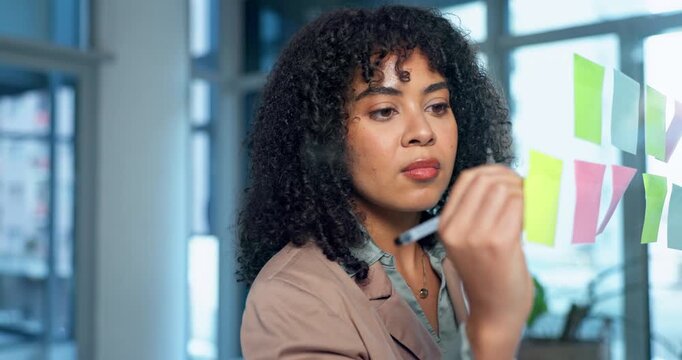 Business, woman and writing with sticky note in office for schedule planning, agenda or tasks. Female person, employee or brainstorming with ideas for project management or reminder in workplace